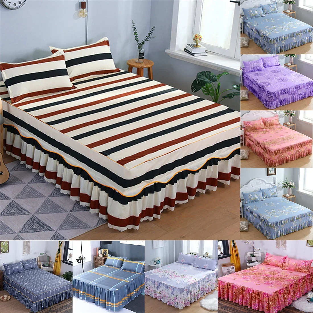 3PCS Bed Skirt Cotton Bedspread Set Embroidery Bed Dress Pillow Cases 3 Pieces/Set For King/Queen Double 1.5/1.8/2M Sheet Cover