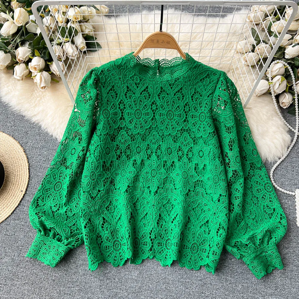 2023 New Spring Autumn Women Long Sleeve Loose Blouse High Quality Vintage Hook flower hollow Chemical Lace Runway Shirt