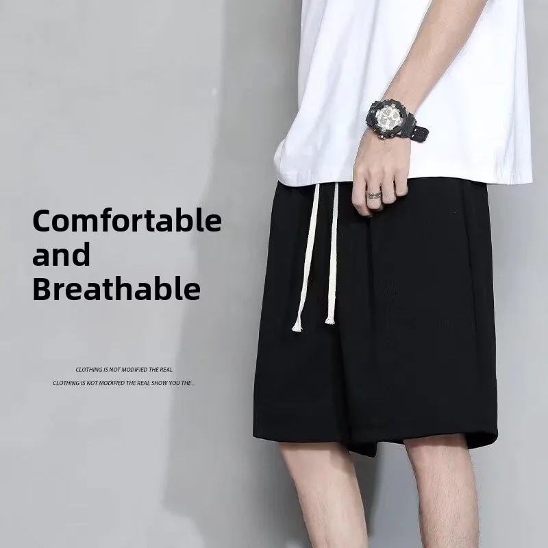 

Black Sporty Men's Shorts Casual Loose Fit Five-Quarter Length Trendy Summer Fashionable Youthful Polyester Fiber Non-Elastic