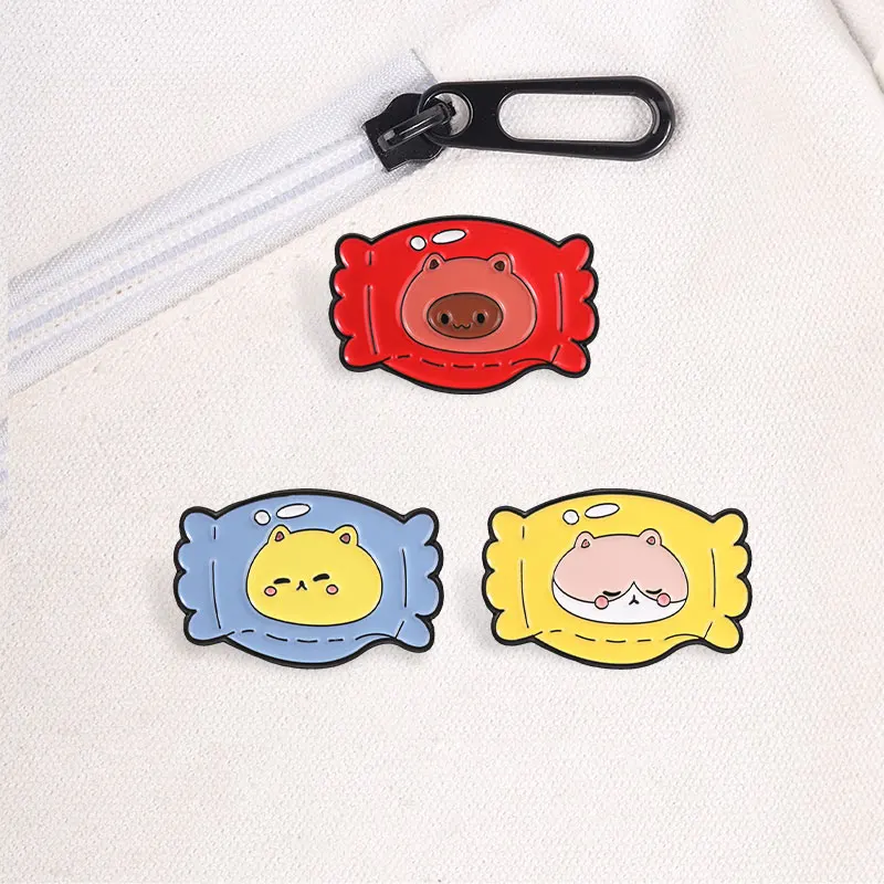 Kawaii Tier-Bonbonverpackungs-Emaille-Abzeichen-Set Schwein Katze Nilpferd Schlafendes Gesicht Süße Anstecknadeln Legierungs-Broschen Schmuckgeschenke für Kinder – Detail 4