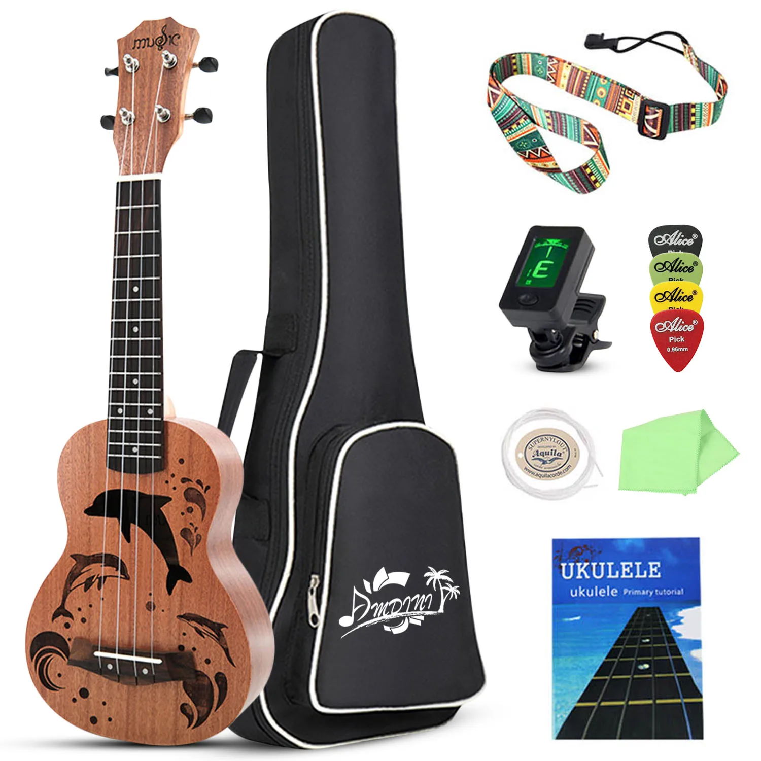 Dolphin/Pird, ukelele Soprano de 21 pulgadas, Sapele, juego de guitarra hawaiana pequeña con estuche, afinador de correa, púas, cuerdas de nailon, Tutorial primario