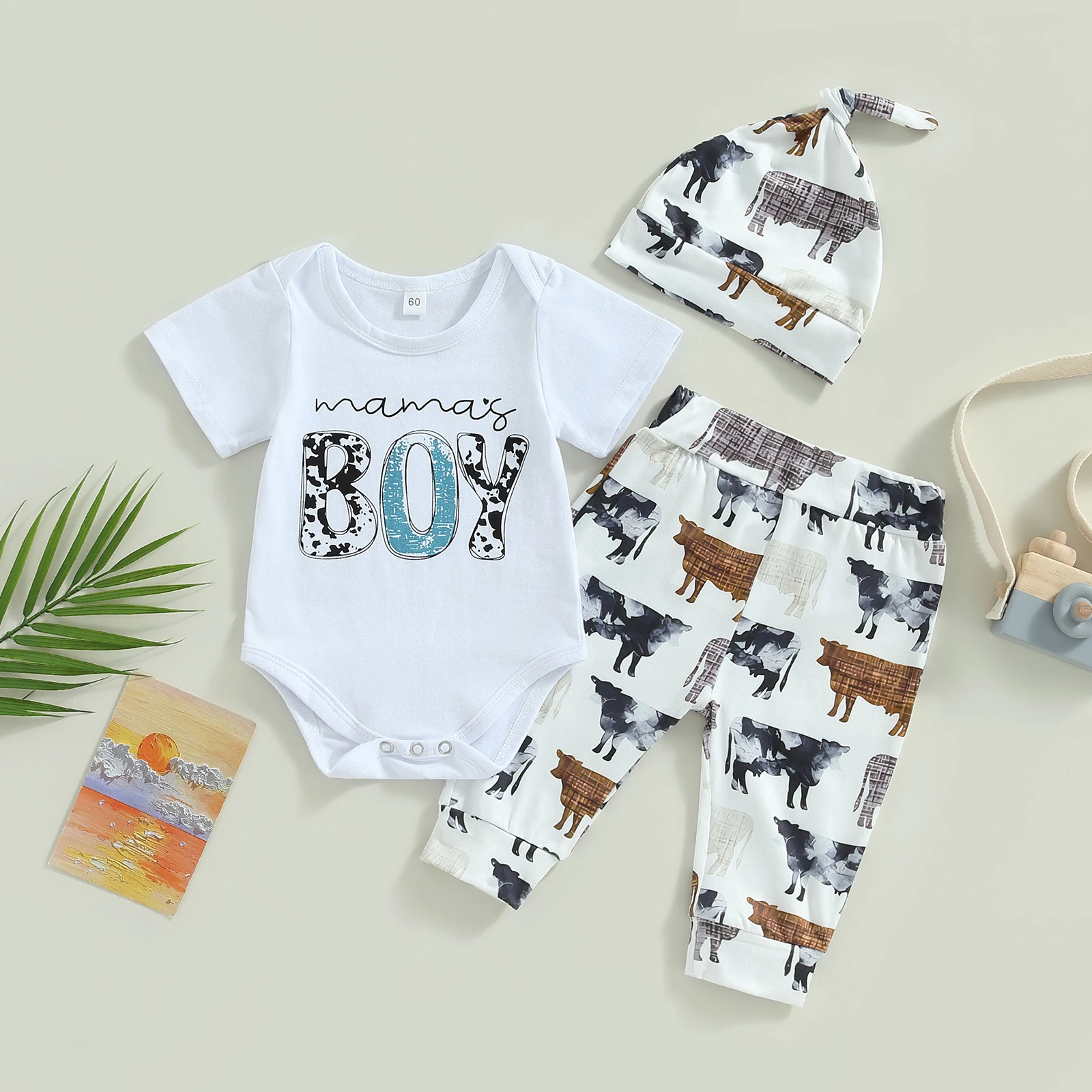 Baby Boy Summer Cowboy Jumpsuits Suit Letter Print Short Sleeves Romper T-Shirt and Casual Cow Print Pants Hat Casual Outfit