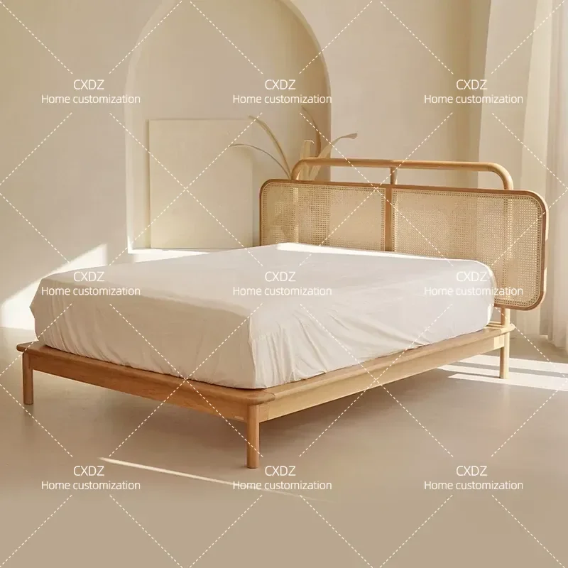 Wind Solid Wood Rattan Bed Japanese Modern Light Luxury Double Bed Household Homestay Furniture