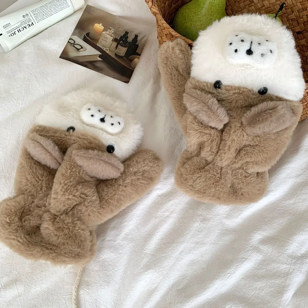 Polyester Fleece Lined Mitten Gloves Windproof Cold Proof Neck Lanyard Gloves Neck Lanyard Thick Warm Dog Pattern Gloves