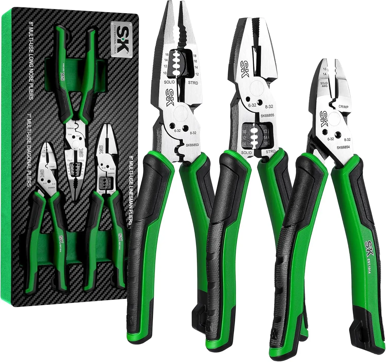

3-Piece Multi-use Pliers Set with Anti-slip Handle and EVA Foam Organizer, CR-V Construction