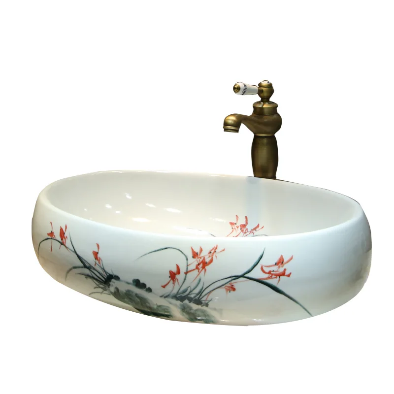 

New Chinese retro countertop basin, ceramic hand-painted wash basin, bathroom size apartment, oval art basin