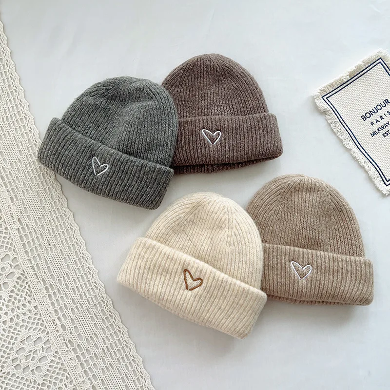 Solid Color Kids Knitted Hat Love Heart Embroidery Winter Warm Baby Beanie Outdoor Ear Protection Kids Boys Girls Crochet Cap