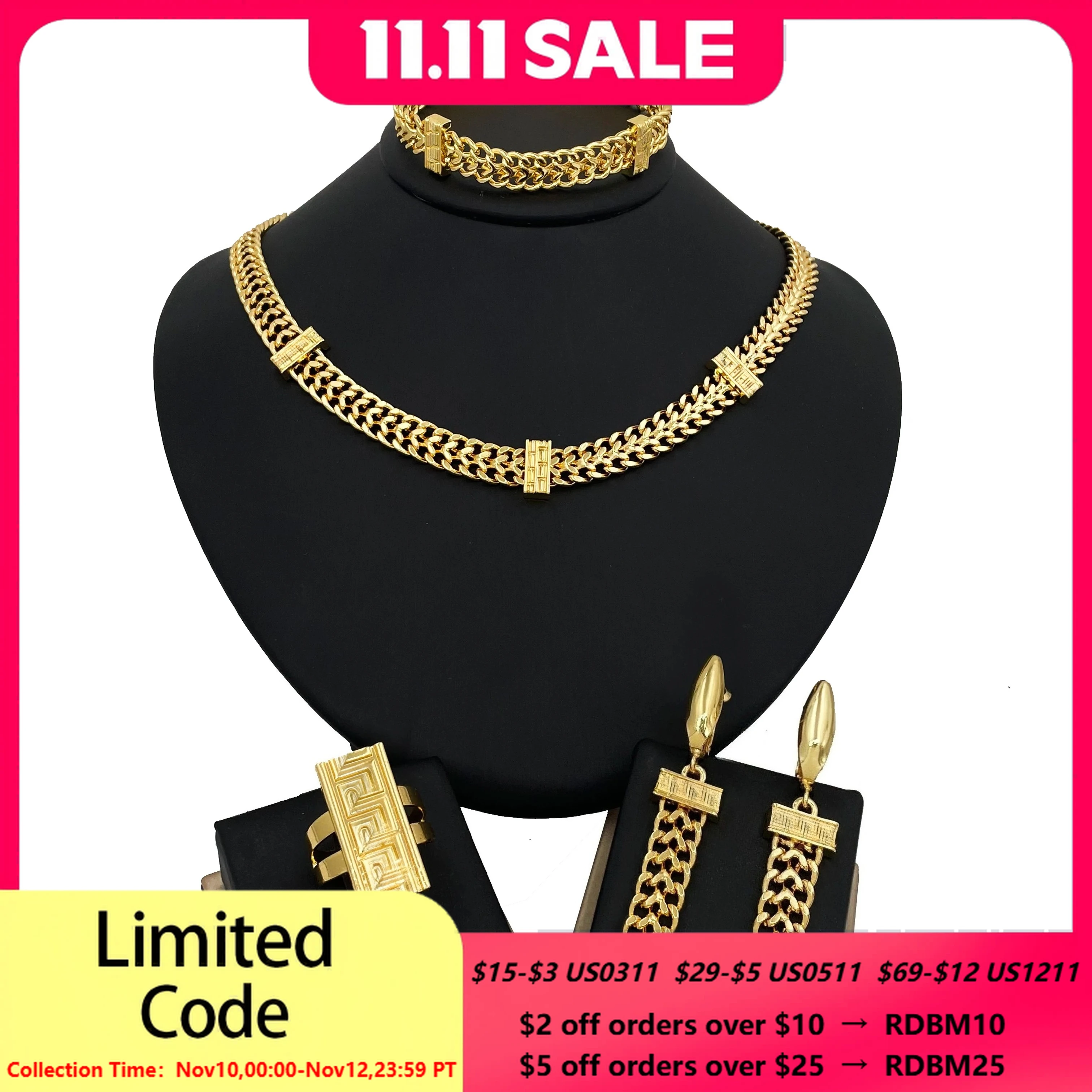 

African 18K Gold Plated Jewelry Set Design Miami Chain Necklace Bracelet Set Long Earring Square Ring Punk Hip Hop Jewellery
