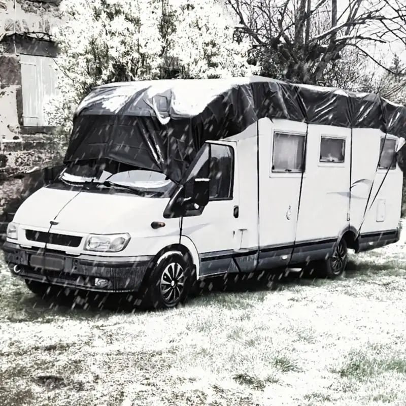 Motorhome Roof Cover for Outdoor Storage, Polyester Roof-and-Upper-Side Coverage with 20 Tie-Down Hooks for Parked RVs X37F