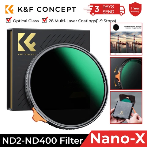 Filtro ND Variável K&F CONCEPT ND2 a ND400 HD para Lentes, Densidade Neutra Ajustável, 49mm 52mm 58mm 62mm 67mm 77mm 82mm