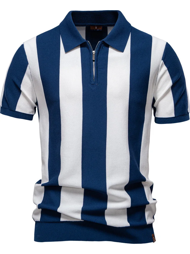 

Men's ort Sve Knitted irt Faionable Urban Sle Striped Pattern Stand Fit Busin Suitable Summer Wear