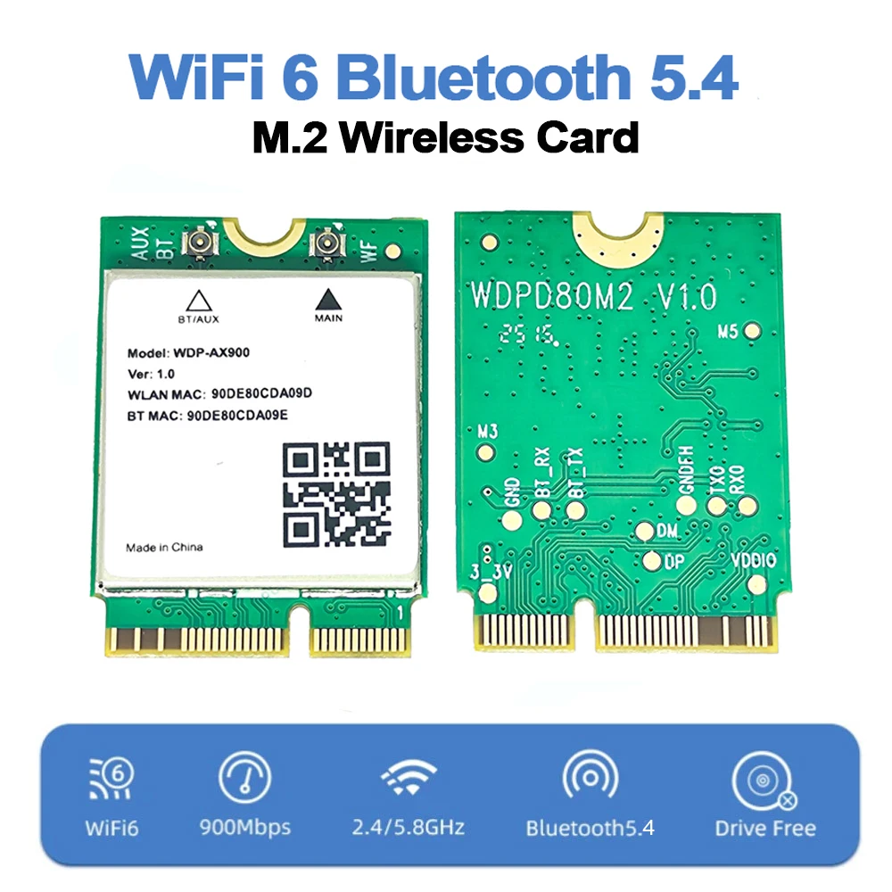 WiFi 6 Bluetooth 5.4 M.2 ネットワークカード WDP-AX900 2.4G & 5GHz ワイヤレスアダプターラップトップコンピュータ Windows 10/11