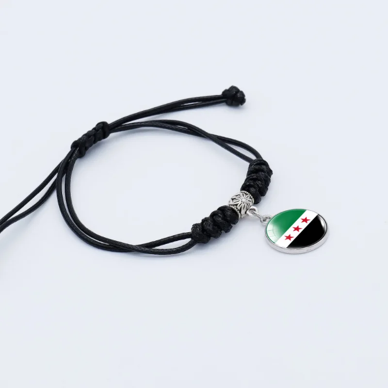 2025 New Syrian Flag Pattern Time Gem Minimalist Style Black Hand Rope Bracelet Adjustable Length for Men Women