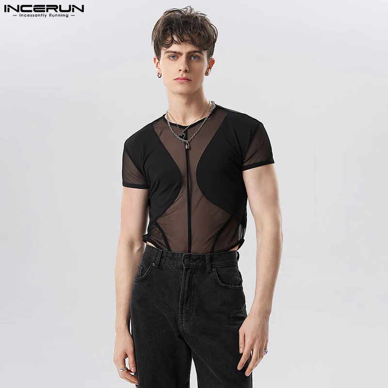 Incerun-camisa sem encosto transparente sexy dos homens, malha patchwork bodysuits, o-pescoço macacão de manga curta, pijama, 2023