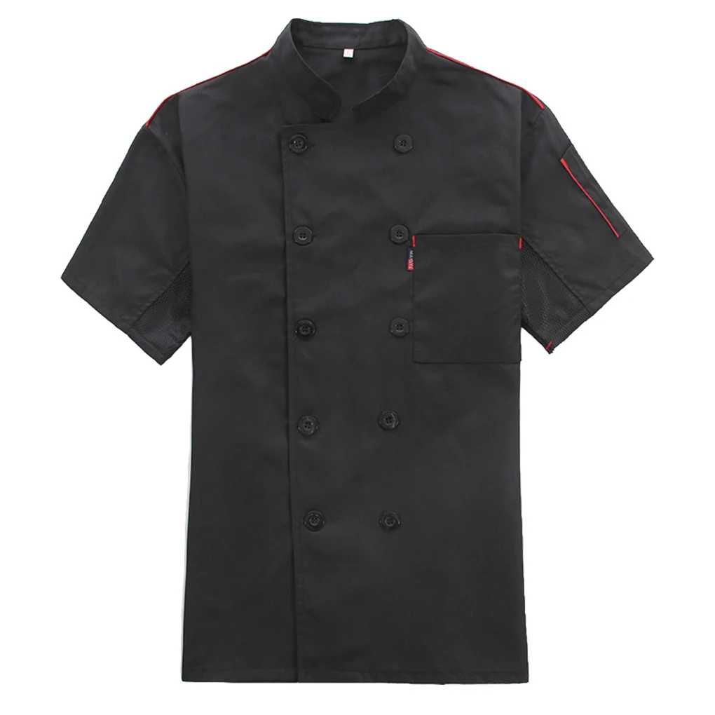 Coat Short Sleeve Cook Jacket Uniform Breathable Skin-friendly Costume for Restaurant Hotel Cafe Kitchen Black XXL