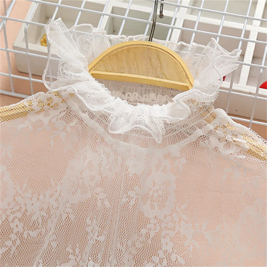 2023 New Women Flare Sleeve Lace Blouse Elegant Summer Lady Mesh Blousas Hollow Out Shirt Bottomings Pullovers Fairy WZ2092