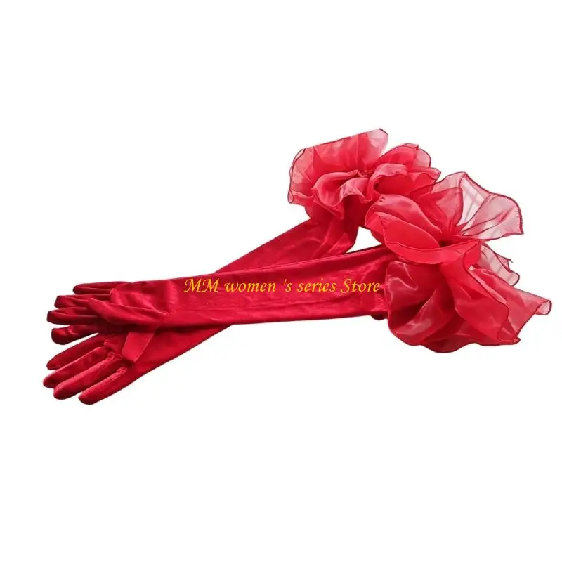Q39C Long Formal Gloves for Photo Styling, Soft-Look Dress Gloves with Ruffled Sheer Trim and Full-Finger Coverage Use
