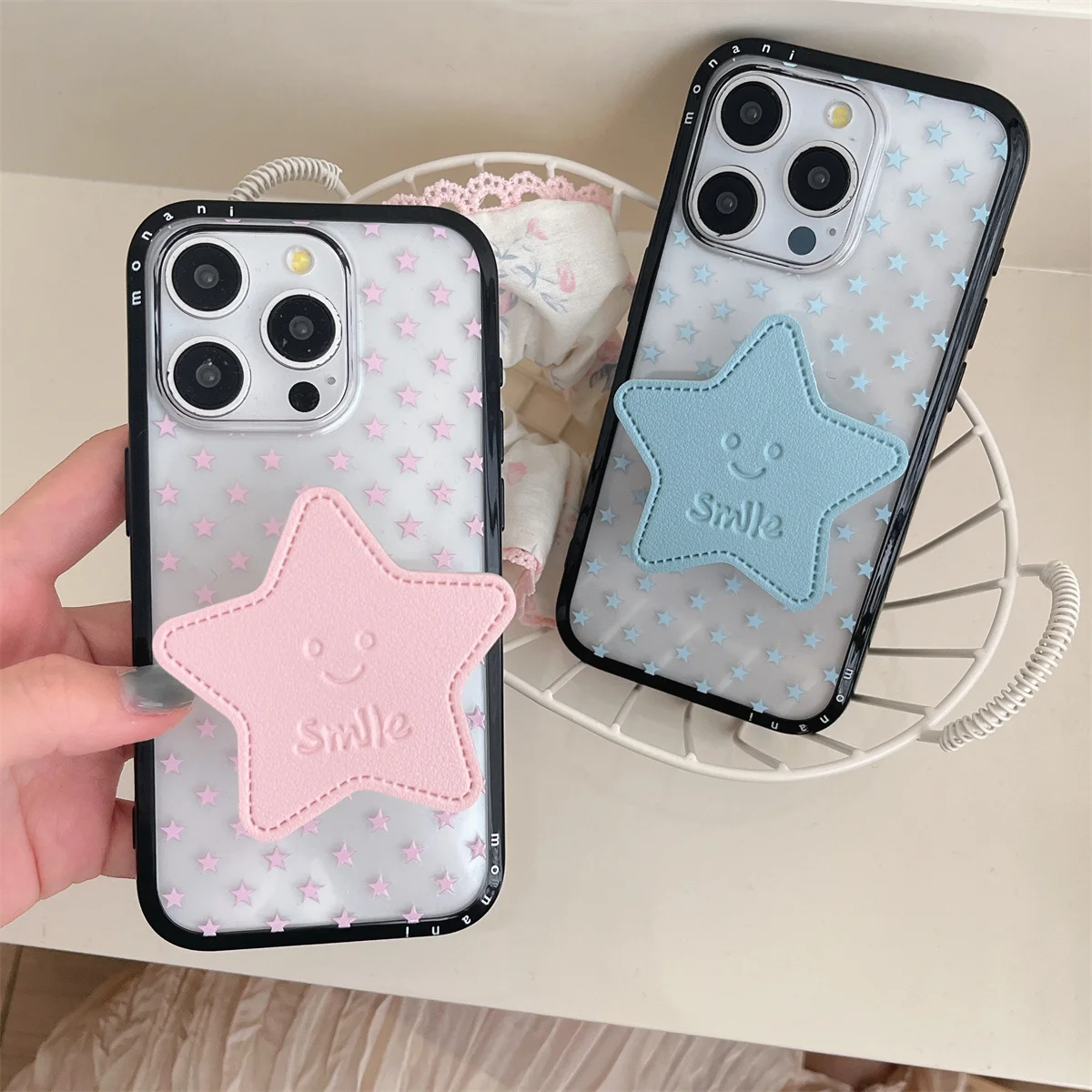 

Korean Cute Star Stand Phone Case For iPhone 16 Pro 15 14 13 Pro Max Cover with Chain Shockproof Lovely Cases For Apple 15pro