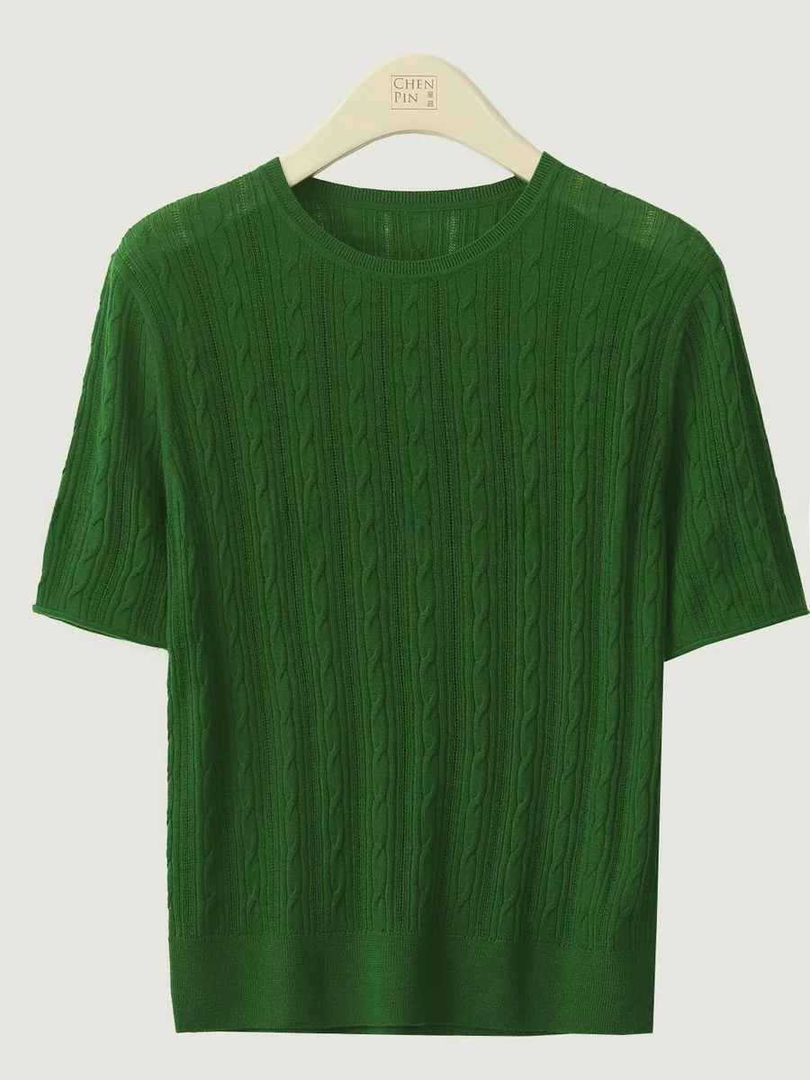 

Женская вязаная футболка Ultrine из шерсти с узором «косы», повседневная, летне-осенняя, новая, свободного кроя, с круглым вырезом