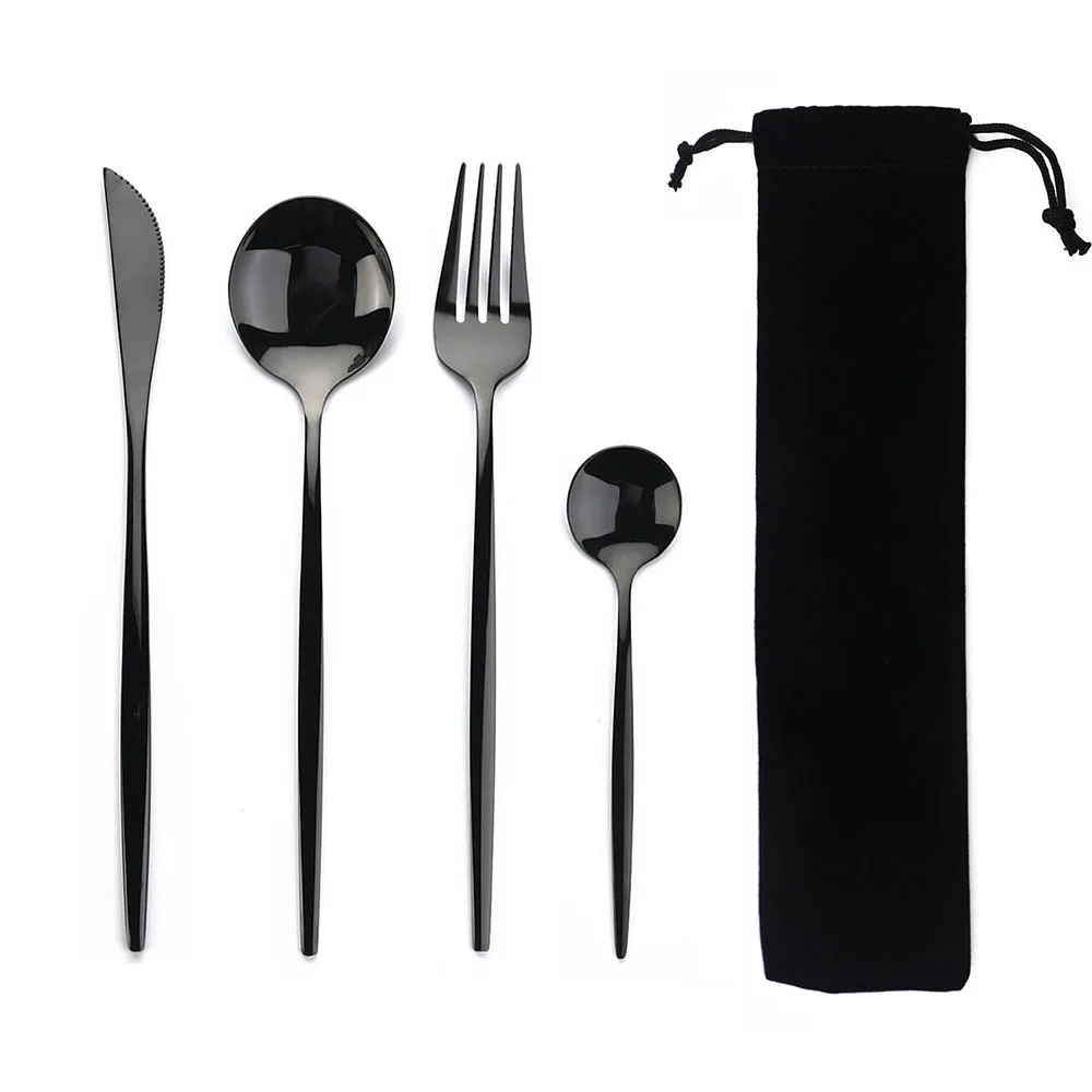 Portable 4Pcs Dinnerware Set Stainless Steel Tableware Cutlery Western Knife Fork TeaSpoon Kitchen Dinner Flatware Set with Bag