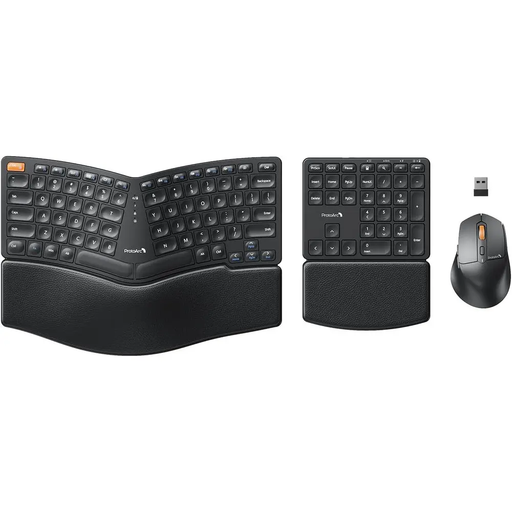 

2.4GHz Wireless Ergonomic Keyboard and Mouse Combo with Numeric Keypad, Split Design, Hard Wrist Rest, Rechargeable for Windows
