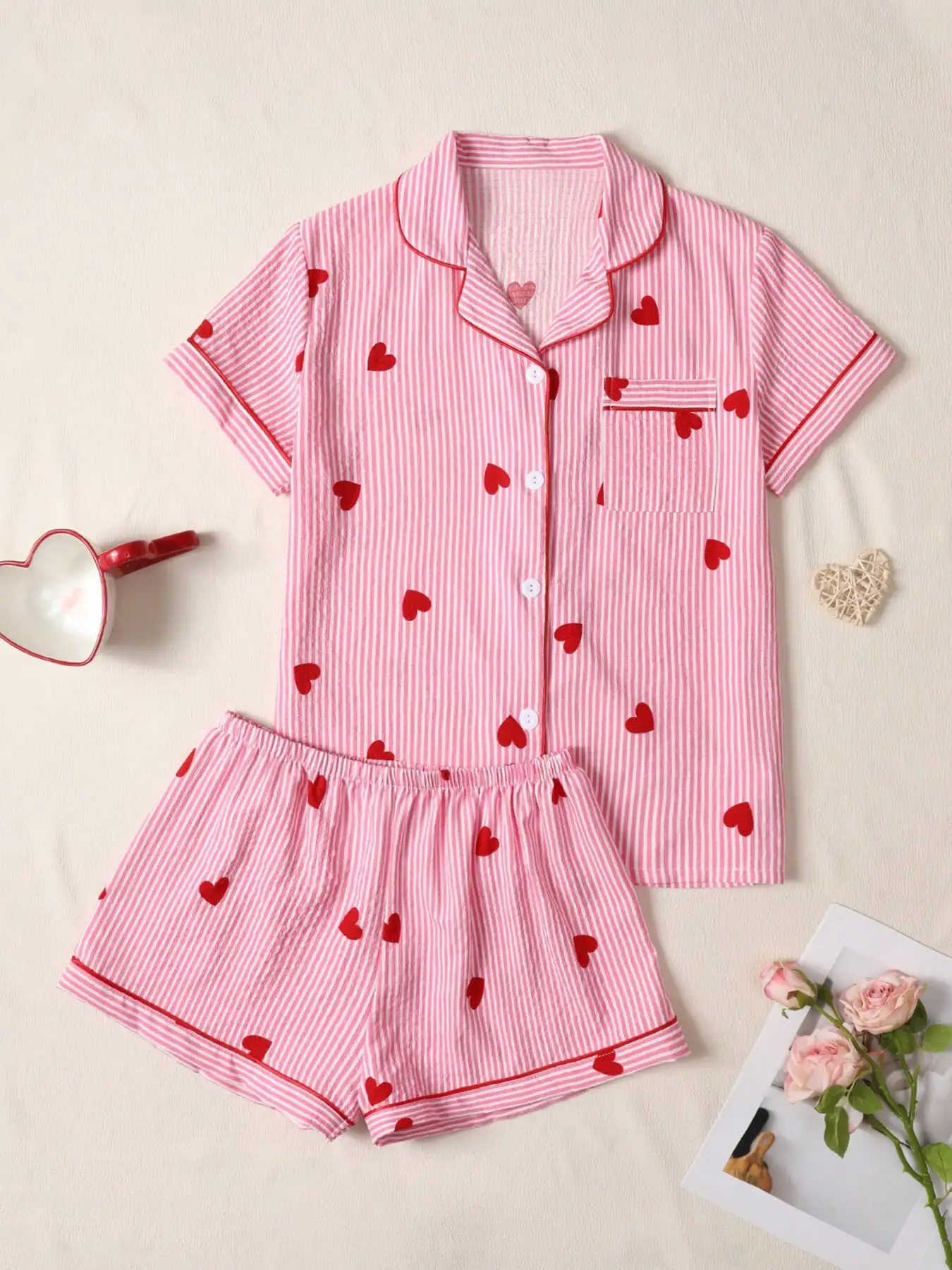 

Women's Pink Stripe Heart Print Pajama Set with Short Sleeve Button Front Top and Shorts