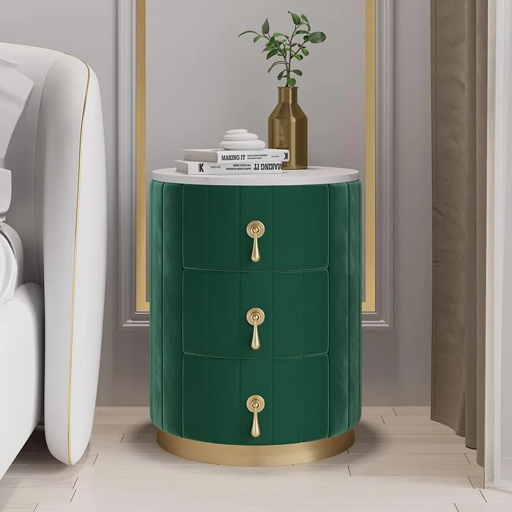 

Modern Nightstand Round Bedside Table with 3 Drawers End Table with Storage (Green)