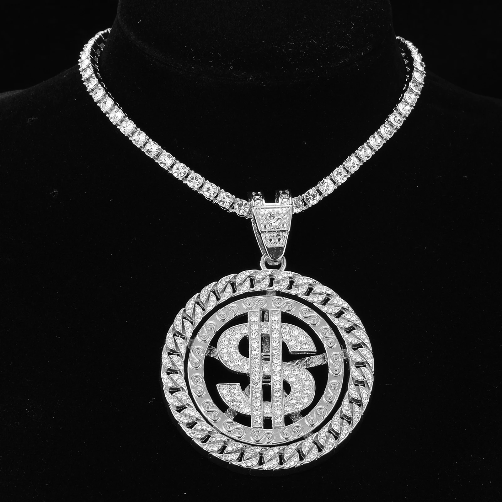 HIP HOP Rotatable Dollar Iced Out 13mm Miami Cuban Link Chain Pendant Necklaces Tennis Chain For Men\'s Women Rapper Jewelry