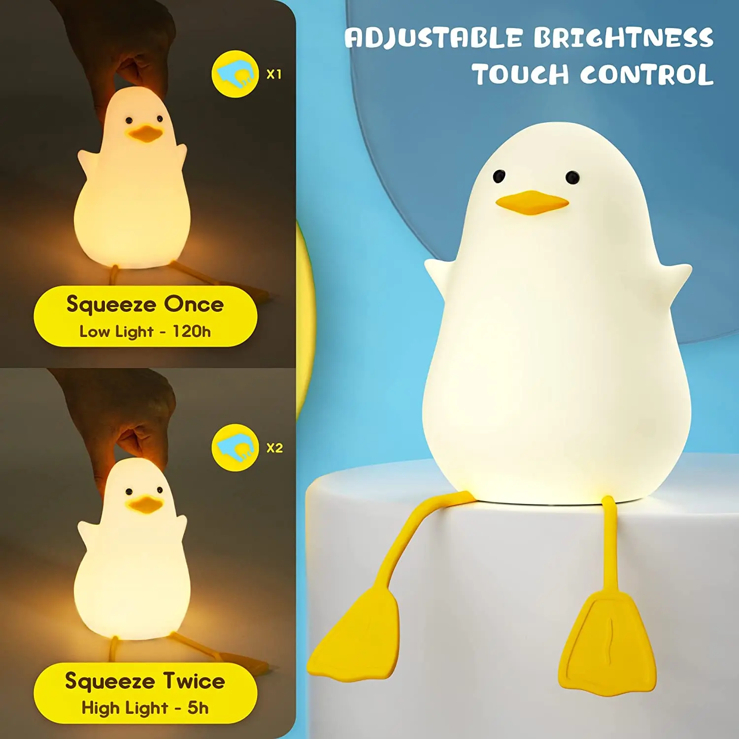 Portable Cute Duck Night Light Silicone Pear Kids Night Light Tap Control USB Rechargeable LED Lamp for Baby Bedroom Room Decor