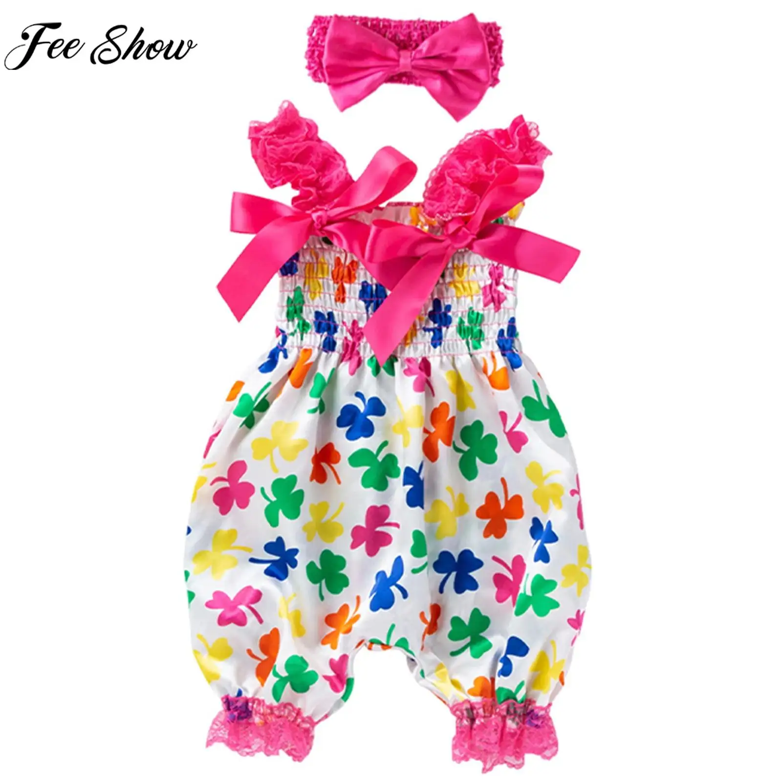 Baby Girl Casual Cute Print Romper Sleeveless Smocked Lace Bodysuit with Headband Summer Daily Birthday Party Holiday Clothes