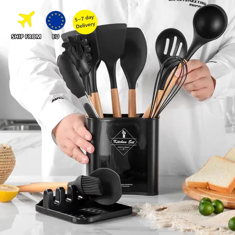 Silicone Cooking Utensils Set Non-Stick Spatula Shovel Wooden Handle Cooking Tools Set With Storage Box Kitchen Tool Accessories