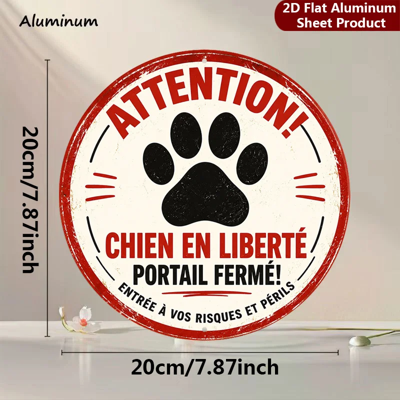 2D Flat, 1pc, French Dog Sign Round Sign, Guard Dog Alert Vintage Decorative Plaque, Vintage French Porch Decorations, Wall Deco