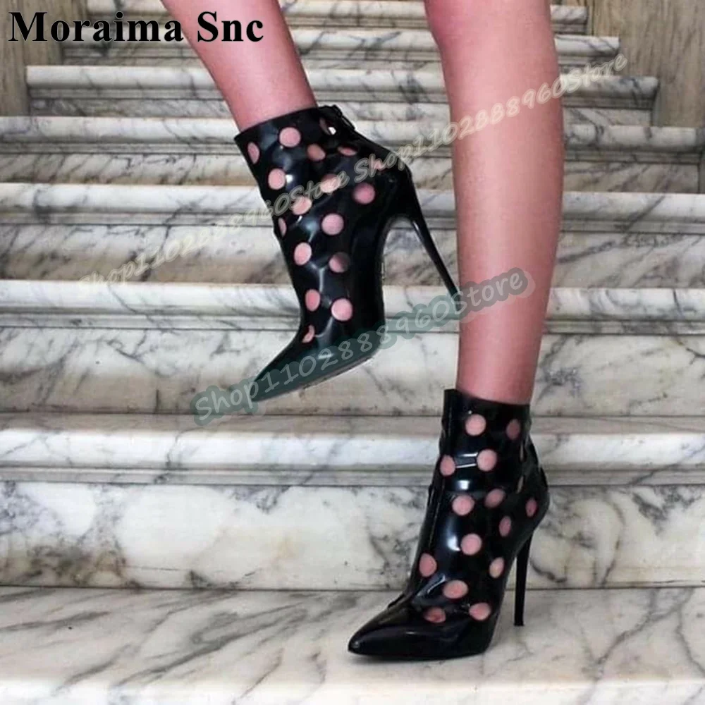 

Sexy Black Leather Holes Pointy Sandals Stilettos High Heel Women Shoes Back Zipper Pointed Toe Casual Fashion Casual Sandals