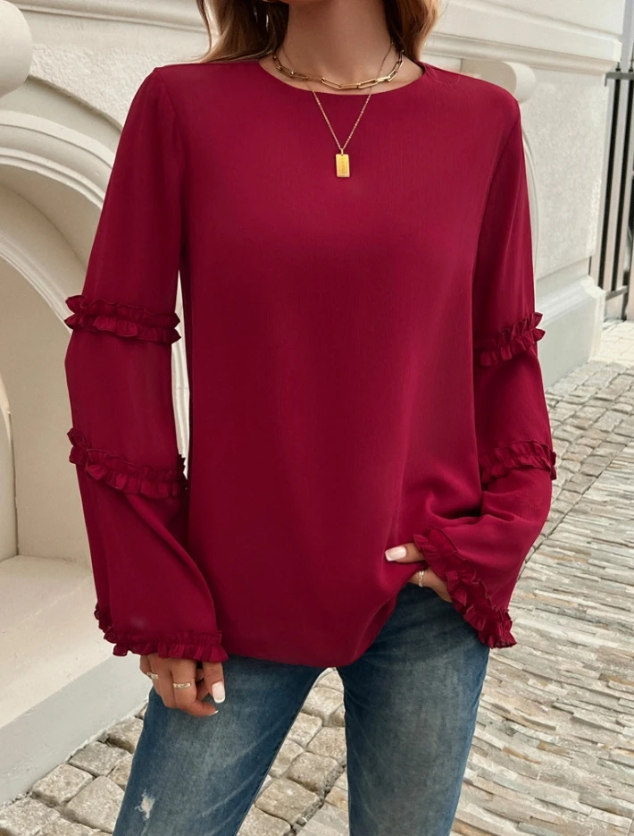 

Women Pullover 2024 Autumn Winter Latest Temperament Socialite Loose Trumpet Long Sleeved Top Simple T-Shirt Solid Color Blouses