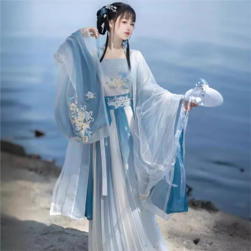 Roupa chinesa tradicional han feminina, hanfu para adultos, bordado de máquina, cintura de peça única, fada, diária