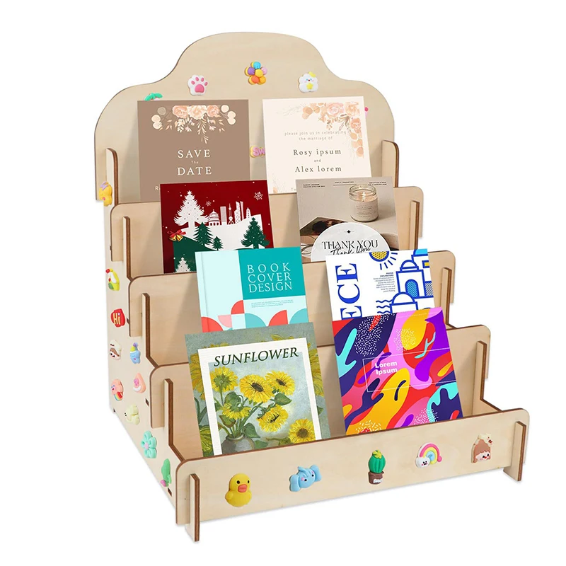 1Pcs Greeting Card Display Stands 4-Tier Wooden Sticker Display Racks Card Organizers Blank Retail Display Shelves Storage