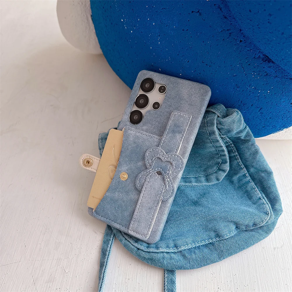 

S26 Ultra Chic Vintage Heart Bow Wrist Strap Phone Case for SamSung Galaxy S25 S24 S23 Girly Jeans Texture Card Holder Cover