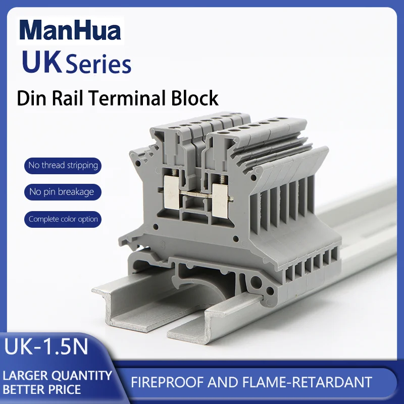 ManHua 10Pcs Wire Conductor Din Rail Terminal Block UK-1.5N Universal Screw Connection Wire Connector Block Terminal Strip Block