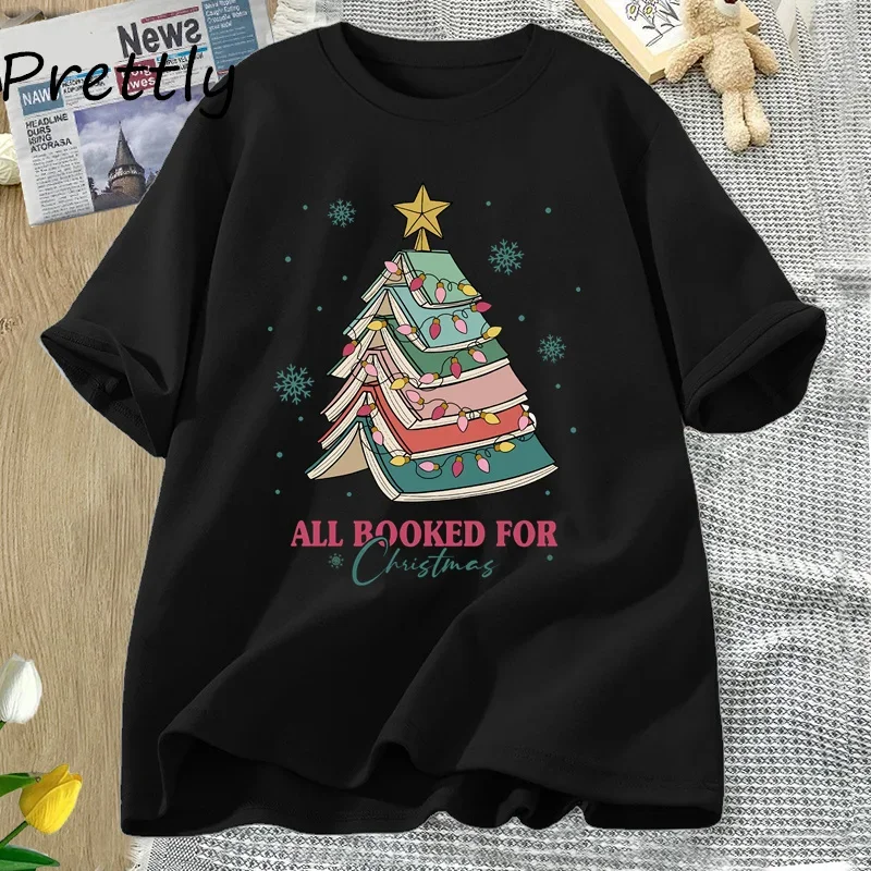 Book Tree Christmas T Shirt All Booked for Christmas T-shirt for Book Lover Librarian Teachers Tees Bookish Cotton Tshirt