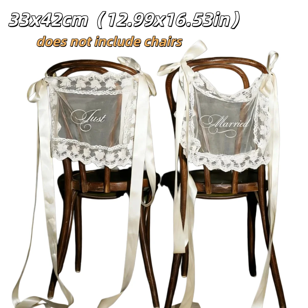 2pcs/set Lace Just Married Chair Sign for Bride & Groom Wedding Sheer Lace Signs Custom Wedding Chair Banners