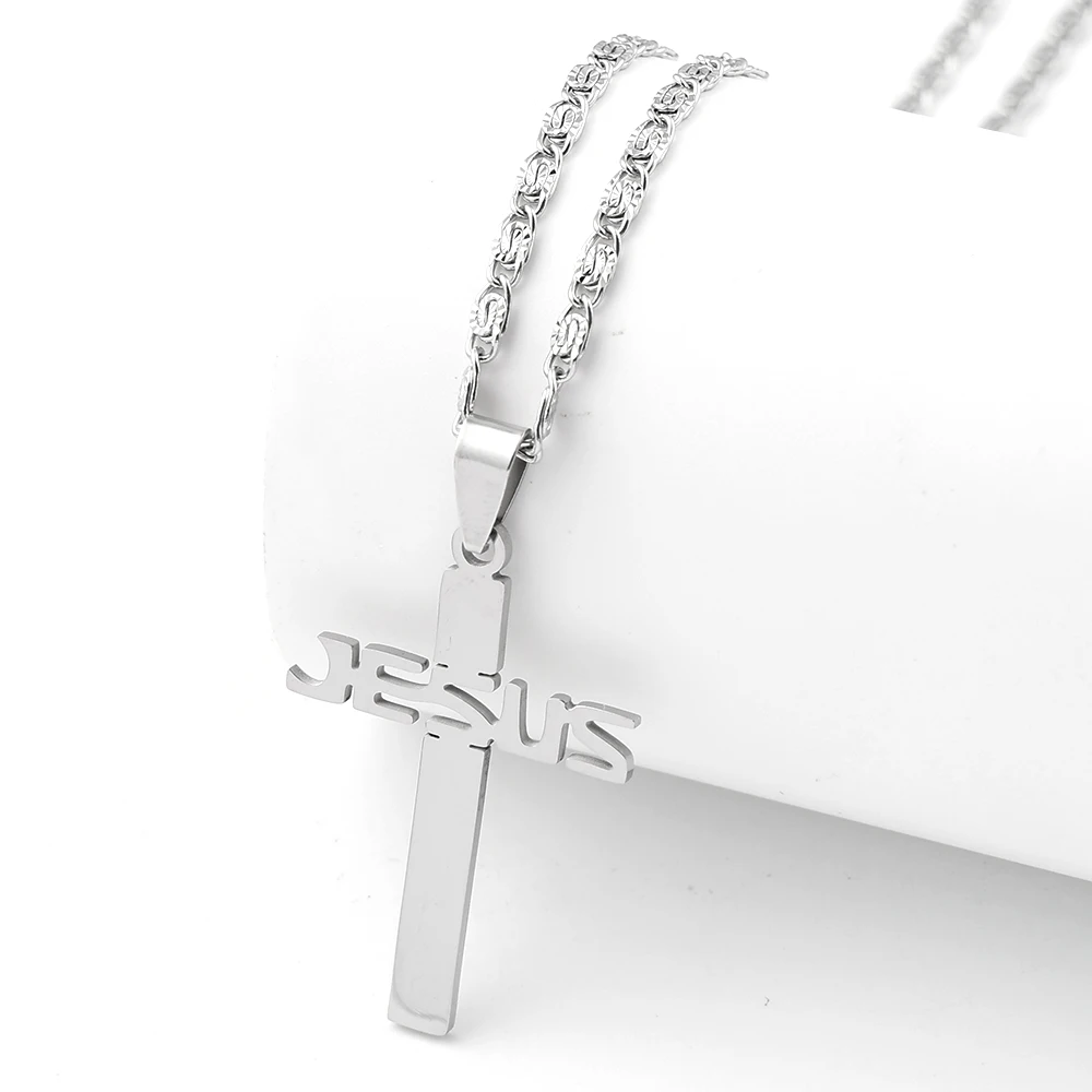Christian Checkered Jesus Cross Pendant Necklace for Man Women Stainless Steel Gold Color Amulet Faith Hip Hop Chain Jewelry