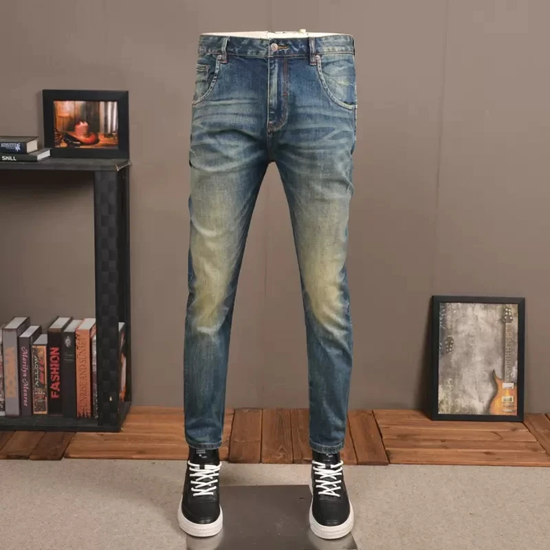Autumn Vintage Blue Jeans Men Streetwear Casual Slim Fit Straight Pants Retro Scratched Denim Trousers