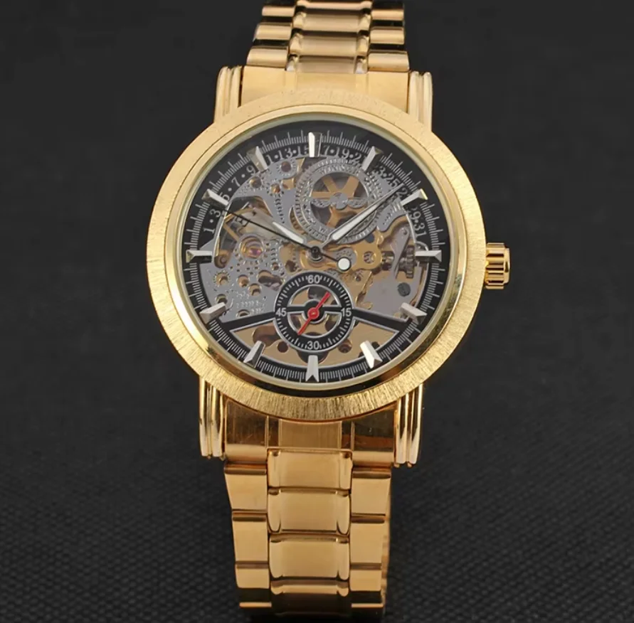 T-WINNER Classic Metal  Mechanical Golden Design Hollow Nailing Scale Automatic Full Steel Band Watch Mechanical Watch