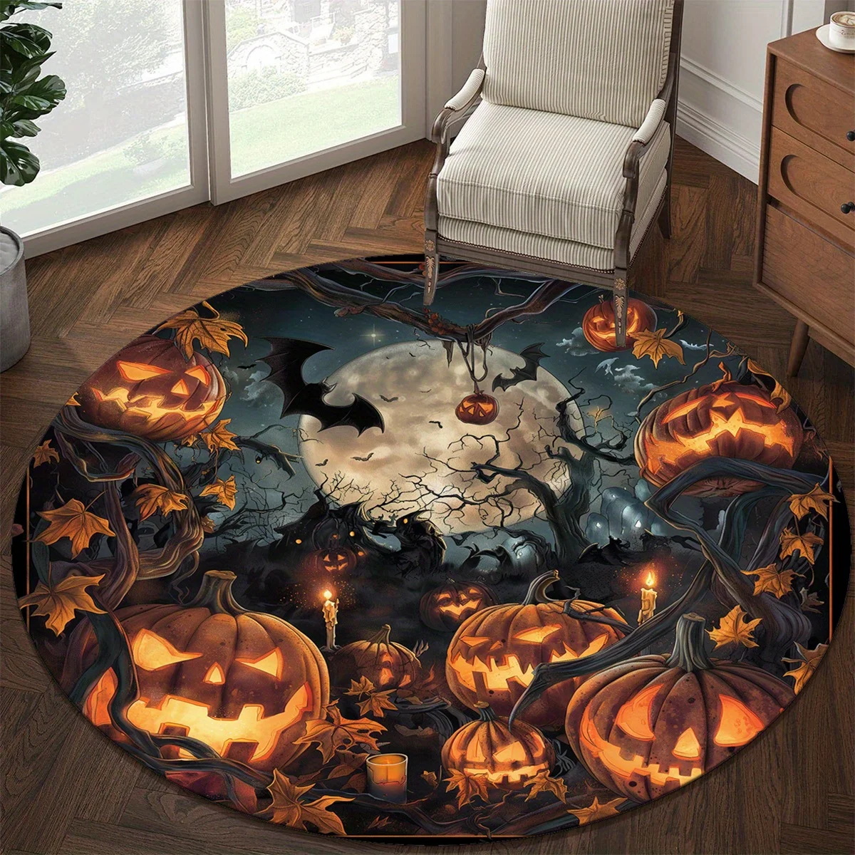 Halloween Pumpkin Round Rug Non Slip Washable Mat For Bedroom Living Room Office Spooky Night Home Decor