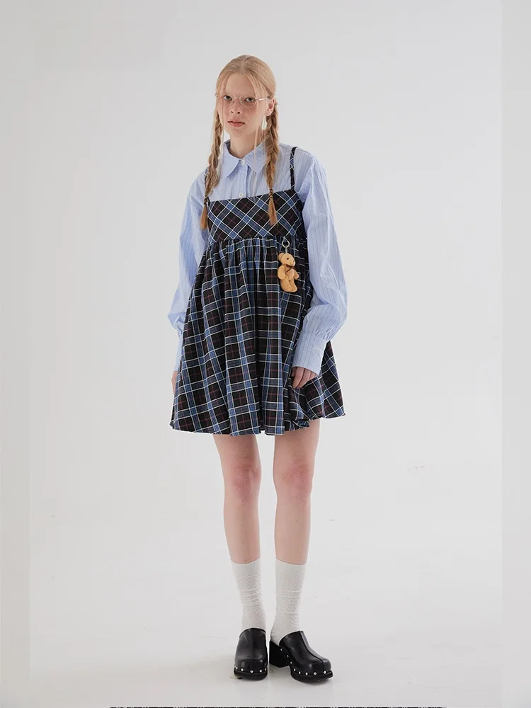 

Original Blue Plaid Cute Strap Puffy Dr Women's Faion Autumn New Arrival Single Piece Polyester And Spandex