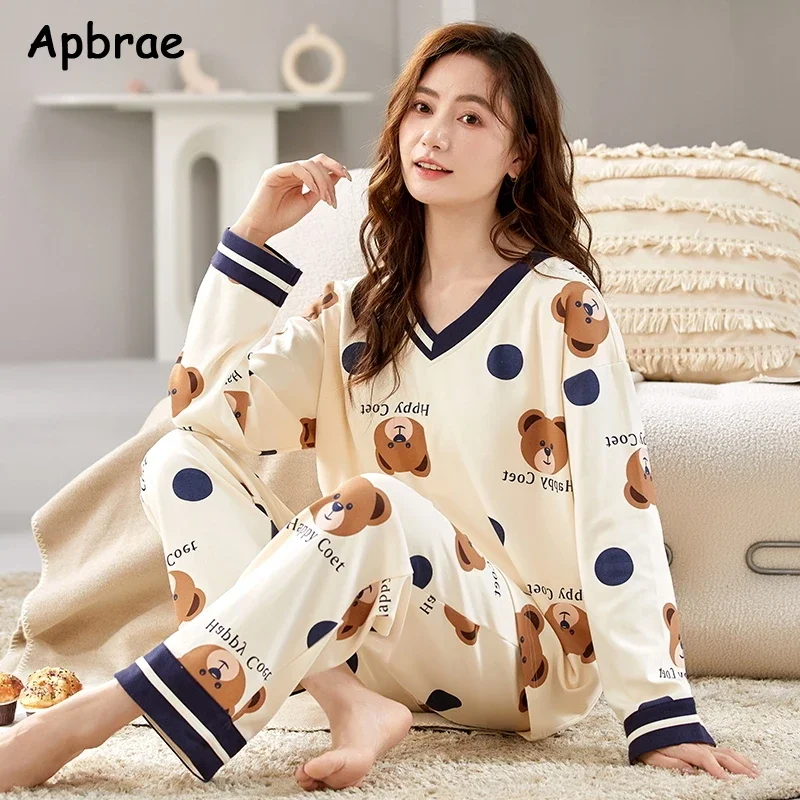 Cute Bear Print Pajamas for Women Autumn Winter Long Sleeve Cotton Sleepwear Soft Pijamas Leisure Cartoon Girls Homesuits Pjs