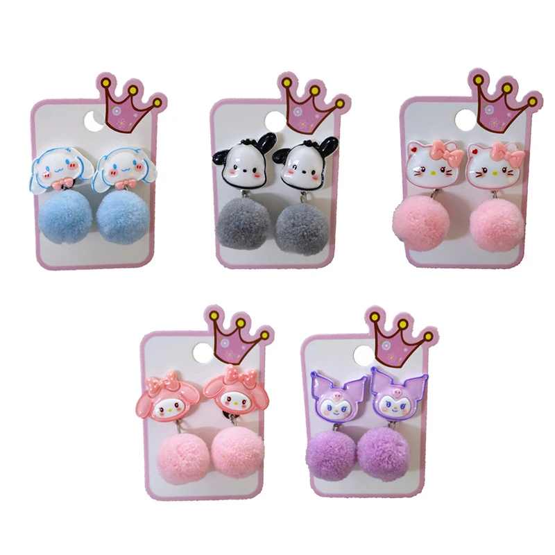 

1Pair Sanrio Ear Clip Cartoon Kuromi Hello Kitty No Piercing Furry Ball Pendant Ear Clips Fake Earrings Girl Party Jewelry Gift