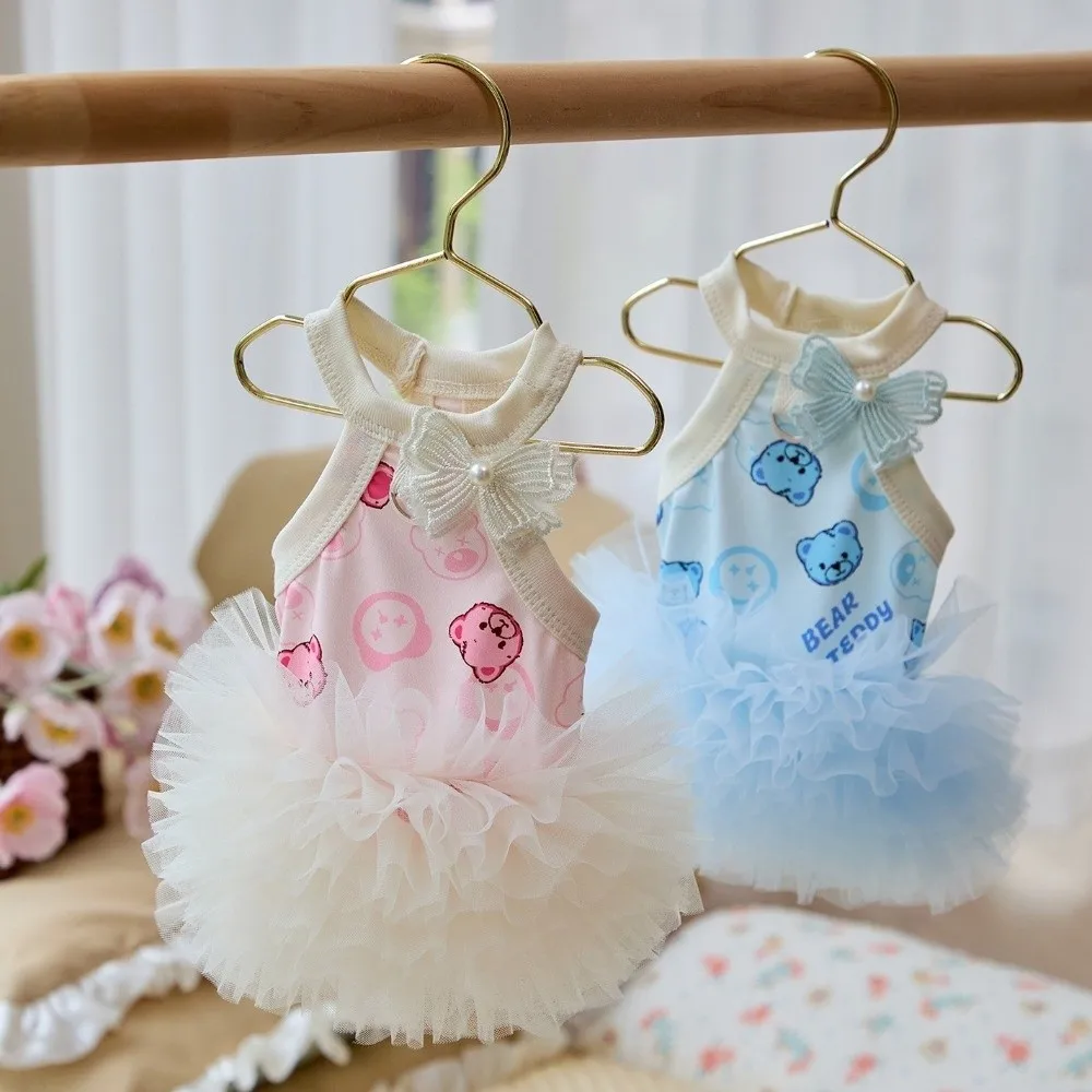 New Cartoon Bear Cat Tutu Dress Pink Blue Breathable Dog Halter Dress Thin Fabric Teddy Bichon Pet Summer Skirt Pet Supplies