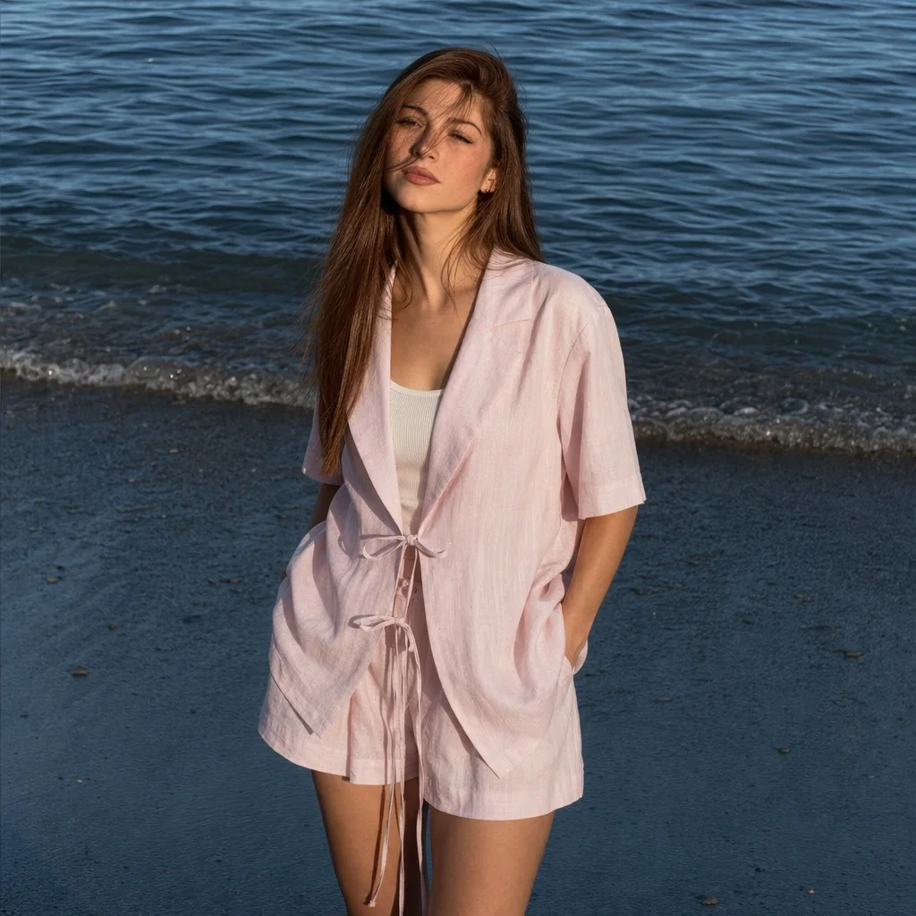 ZEKYE European&American Summer New Solid Color Shirt Suit Pants Two-piece Set Women's Casual Temperament Lazy Lapel Tie-up Shirt