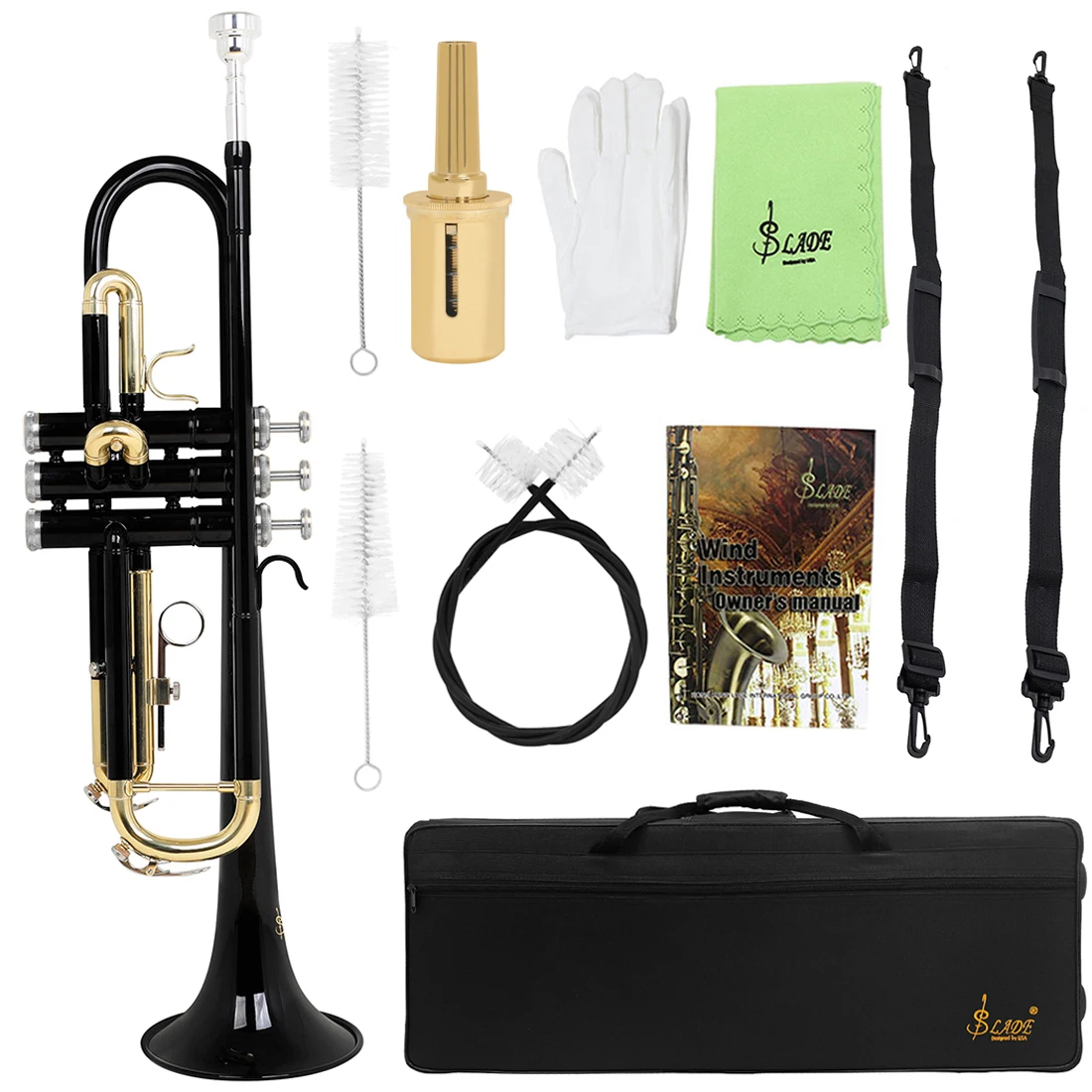 SLADE Bb Tone Black Trumpet Instrument Brass Body Colorful Gold Key Trumpet with Pressure Valve Cleaning Accessories|